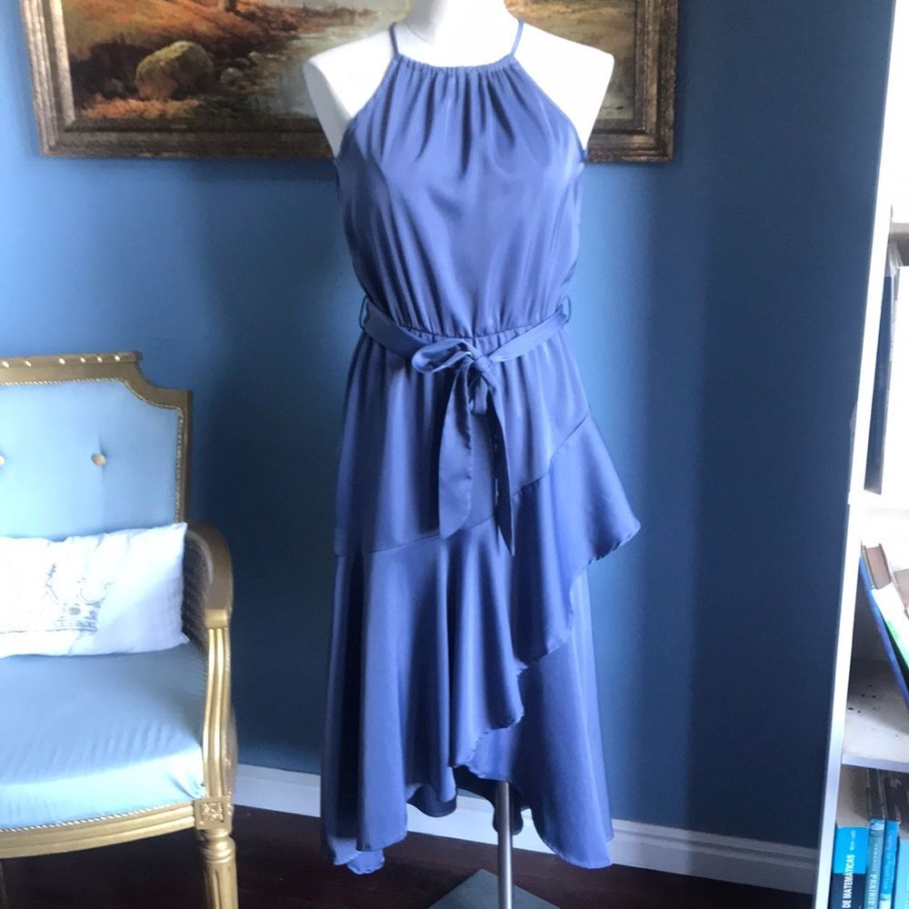 Fashion blue gray asymmetric halter layered ruffled party fit & flare dress  S
